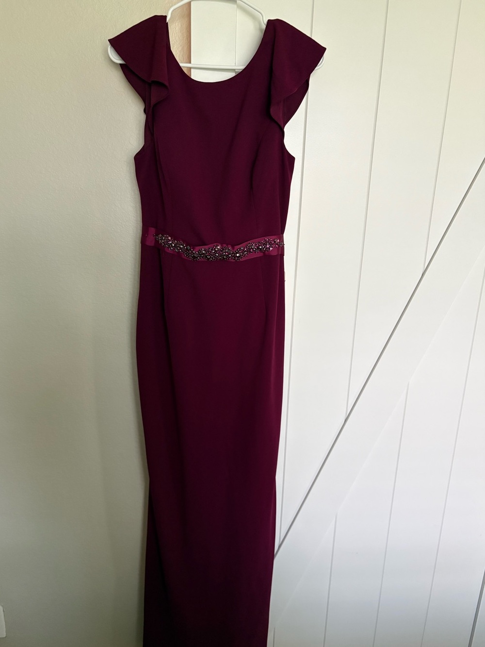 Elegant Adrianna Papell Burgundy Maxi Dress with Beaded Waist